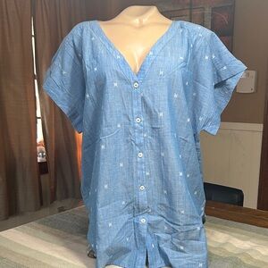 Loft Chambray V-Neck Button Front Top with White Geo Motif- Cotton